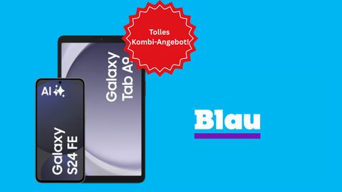 Das Samsung Galaxy S24 FE und Galaxy Tab A9 vor einem blauen Hintergrund, daneben ist das Logo der Marke Blau platziert. - Foto: TVM/PR