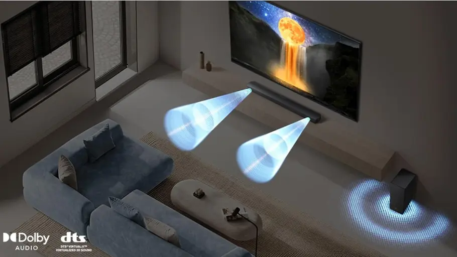 Samsung HW-B650F Soundbar und Subwoofer mit grafisch dargestellten Sound in einem Wohnzimmer