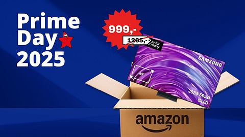 Ein Samsung Fernseher der aus einem Amazon Karton kommt. - Foto: TVMovie.de & iStock (kyoshino, Ake Ngiamsanguan) & PR
