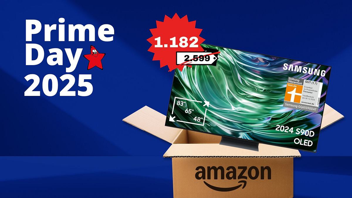 Samsung TV Prime Day Ein Amazon Karton und ein Samsung Fernseher. Daneben ein Preisschild.