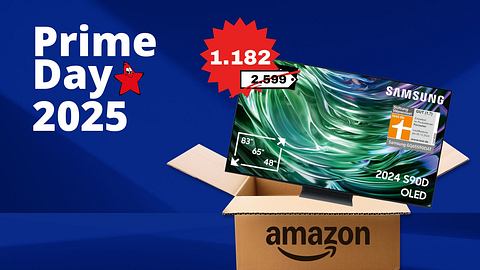 Ein Amazon Karton und ein Samsung Fernseher. Daneben ein Preisschild. - Foto: Foto: TVMovie.de & iStock (kyoshino, Ake Ngiamsanguan) & PR