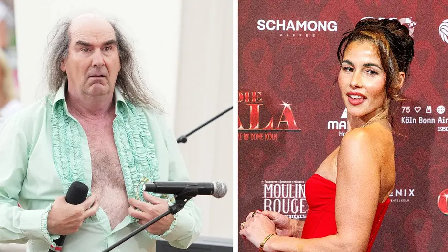 Sarah Engels muss Kritik von Guildo Horn einstecken Collage: Guildo Horn mit offenem Hemd (links) und Sarah Engels im roten Kleid (rechts)