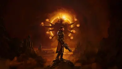 Das Artwortk zu Saros auf PS5 zeigt Hauptfigur Arjun vor einem düsteren Boss. - Foto: Sony PlayStation / Housemarque