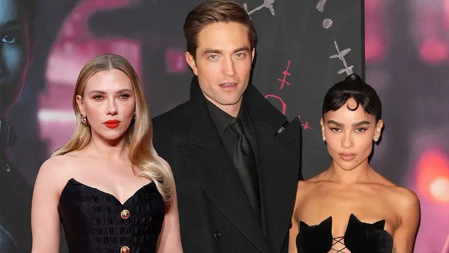Scarlett Johansson, Robert Pattison und Zoë Kravitz Collage zeigt die Schauspieler:innen Scarlett Johansson, Robert Pattison und Zoe Kravitz in Abendgarderobe.