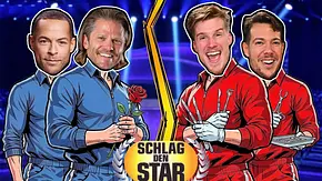 Andrej Mangold und Paul Janke in Blau sowie Dr. Nick und Dr. Rick in Rot sind als Comicfiguren um das Logo „Schlag den Star“ montiert. - Foto: ProSieben Andrej Mangold und Paul Janke in Blau sowie Dr. Nick und Dr. Rick in Rot sind als Comicfiguren um das Logo „Schlag den Star“ montiert. - Foto: ProSieben