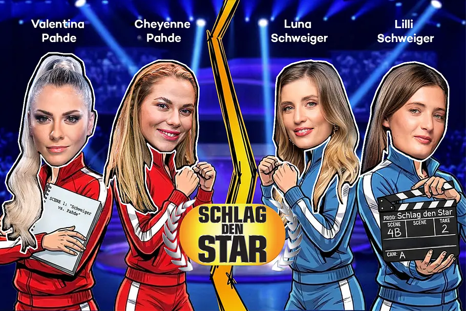 Pahde Schweiger bei Schlag den Star Das Schlag den Star Artwork zeigt Valentina und Cheyenne Pahde gegen Luna und Lilli Schweiger