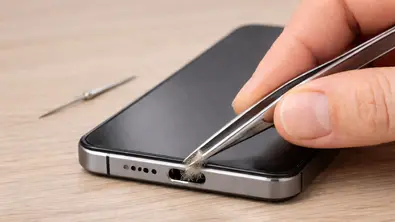 Schmutz wird mit einer Pinzette aus der Ladebuchse eines Smartphones gezogen. - Foto: TV Movie / ChatGPT