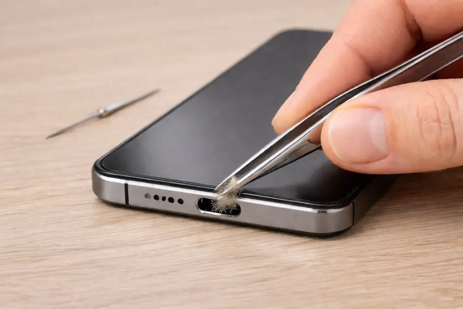 schmutz-handy-ladebuchse-kabel-tvmovie Schmutz wird mit einer Pinzette aus der Ladebuchse eines Smartphones gezogen.