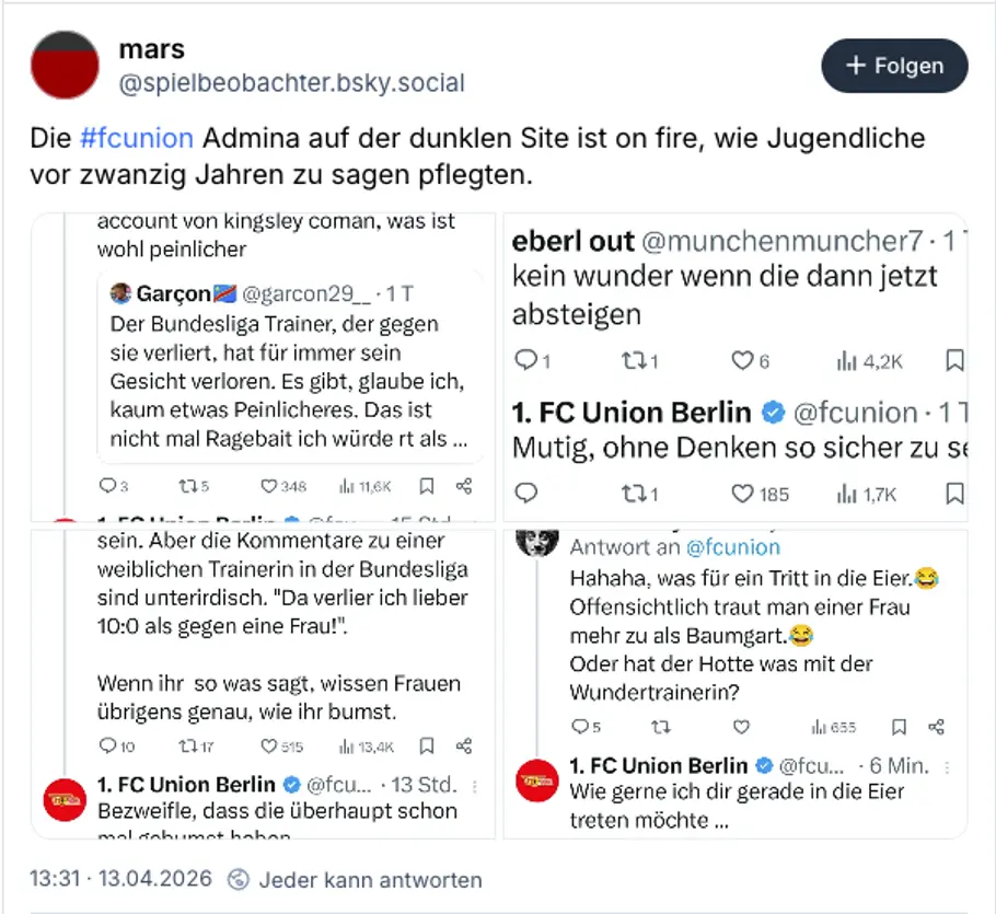 Online Reaktionen von Union Berlin zum Hass gegen Marie-Louise Eta.