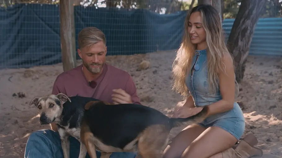 Sebastian Paul und Nadja nach Bachelors zusammen? Sebastian Paul und Die Bachelors-Favoritin Nadja beim Kuscheln mit einem Hund.