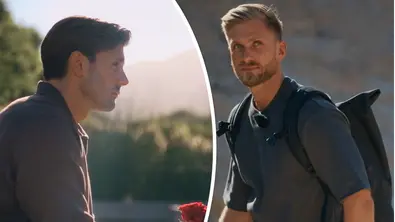 Collage zeigt links einen nachdenklichen Tim mit Rosen in der Hand, rechts Bachelor-Kollege Sebastian mit Rucksack.  - Foto: RTL