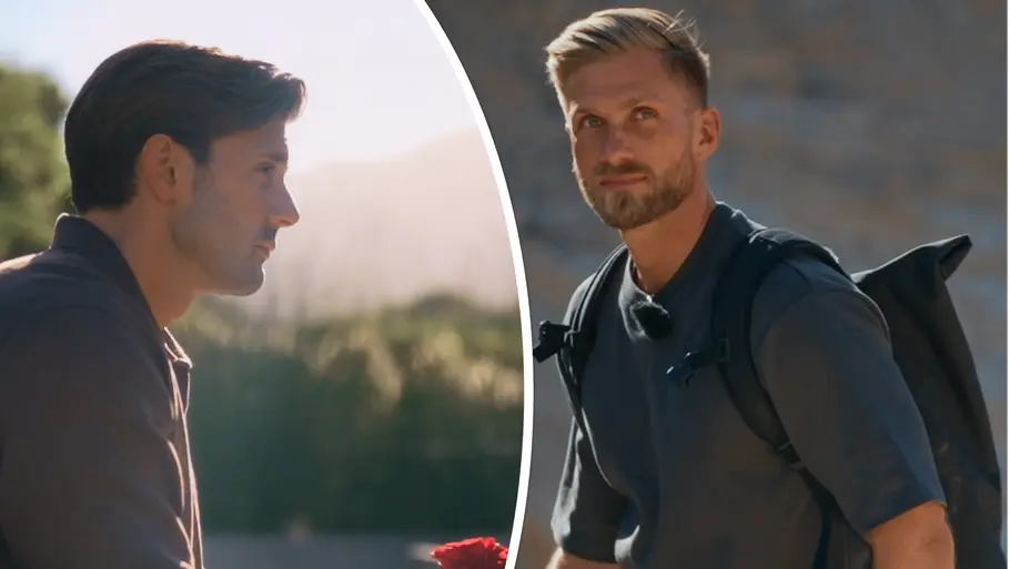 Tim Reitz sauer auf Sebastian Paul Collage zeigt links einen nachdenklichen Tim mit Rosen in der Hand, rechts Bachelor-Kollege Sebastian mit Rucksack.