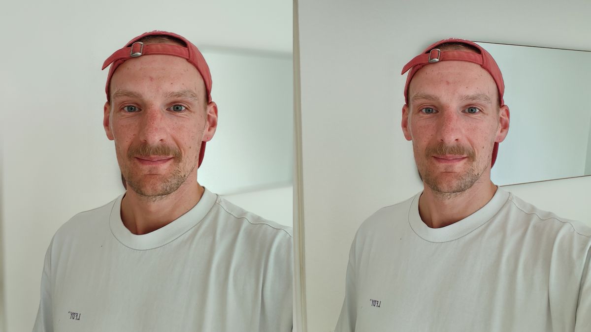 Selfies Zwei Selfies einer Person mit weißem T-Shirt und pinker Kappe.