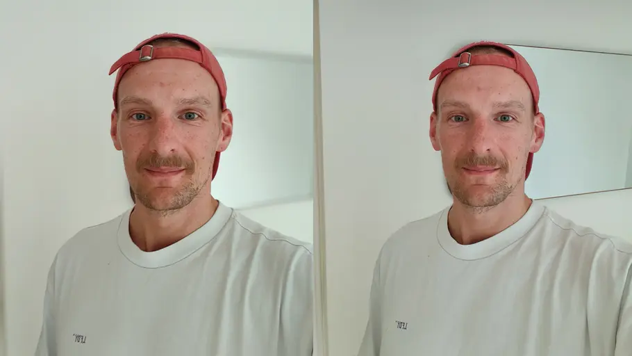 Zwei Selfies einer Person mit weißem T-Shirt und pinker Kappe.