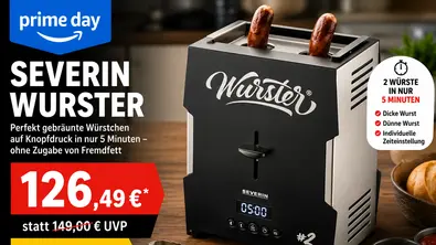 Ein SEVERIN WURSTER Wurstgrill mit zwei Bratwürsten steht auf einem Holztisch. Links zeigt eine Prime-Day-Grafik den Angebotspreis von 126,49 Euro und einen Rabatt von 15 Prozent. - Foto: Chat GPT / TV Movie / SEVERIN