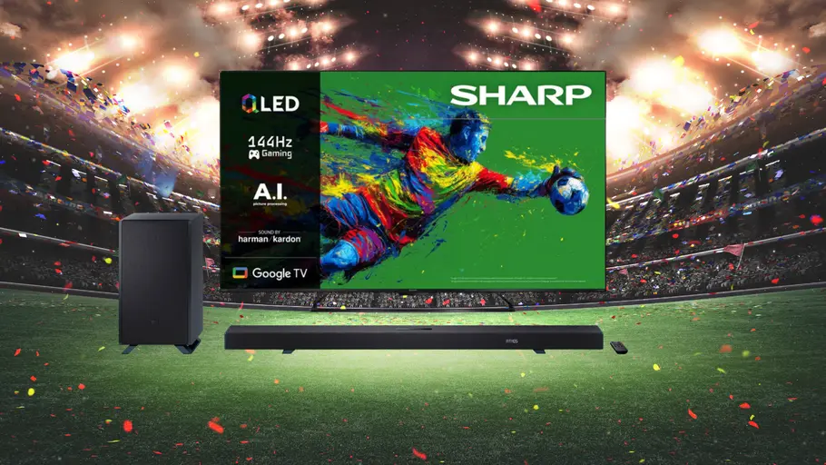 Sharp-TVs & Soundbars OTTO-Sale Sharp-TV und Soundbar vor einem Stadion-Fußballplatz mit Feuerwerk und Konfetti