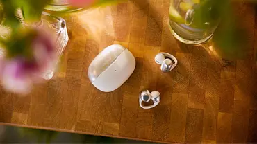 Die Shokz OpenDots ONE Clip-On-Ohrhörer liegen auf einem Holztisch, links und rechts davon Blumenvasen, die unscharf nicht im Fokus der Aufnahme sind. - Foto: ©2025 Shokz
