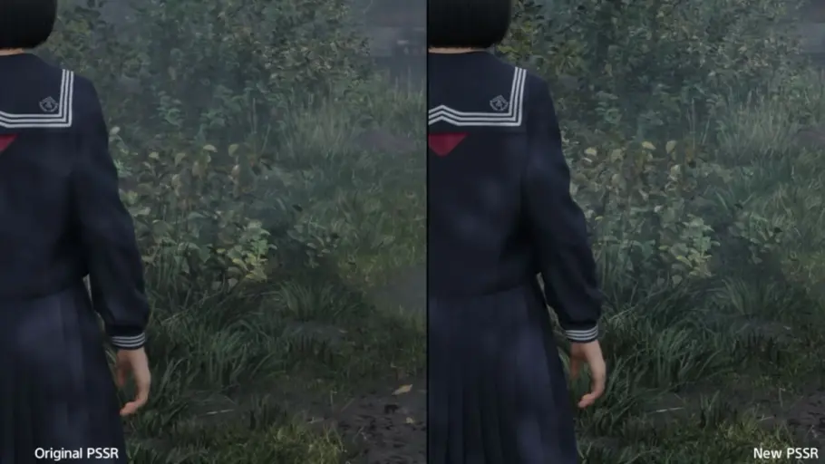 Vergleichsfoto zeigt eine Silent Hill f-Szene im Wald vor und nach dem PSSR-Update