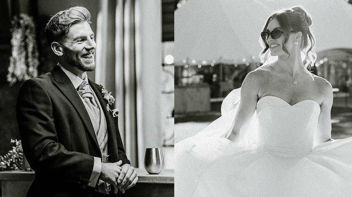 Schwarz-Weiß-Collage: Kieran und Meghan aus Love is Blind: UK lachend in ihren Hochzeitsoutfits