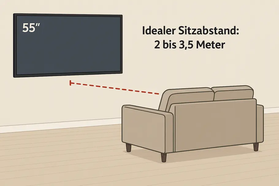 55 Zoll Sitzabstand Grafik zum idealen Sitzabstand bei einem 55 Zoll Fernseher, dargestellt mit einem Sofa und einem 55-Zoll-TV, der an der Wand hängt