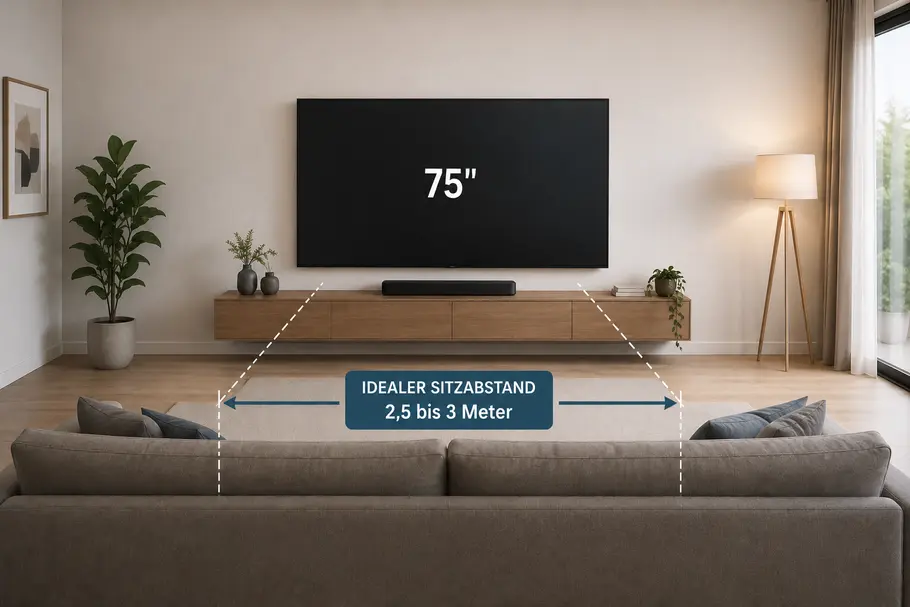 grafische Darstellung vom idealen Sitzabstand zu einem 75-Zoll-Fernseher. Der TV hängt an einer Wand in einem Wohnzimmer. 