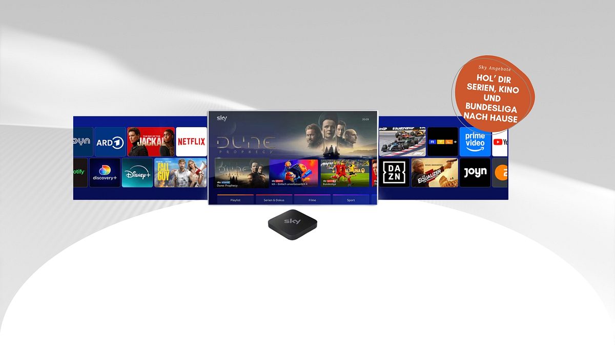 Sky Angebote im August, auf TV-Screens sind mehrere Sky-Apps zu sehen, darunter die Sky Stream Box.