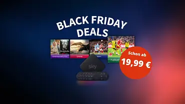 Black Friday Deals von Sky: Die Streaming-Box im Vordergrund, dahinter Poster mit aktuellen Serien und Filmen. - Foto: TVMovie / PR