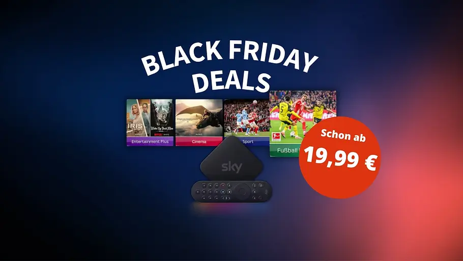 Sky Entertainment Plus mit Netflix und Cinema mit Paramount+ Black Friday Deals von Sky: Die Streaming-Box im Vordergrund, dahinter Poster mit aktuellen Serien und Filmen.