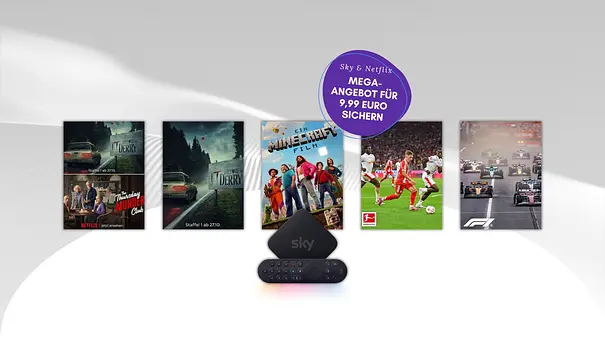Collage aus verschiedenen neuen Serien von Sky und Netflix. In Vordergrund die Sky Streaming Box. - Foto: © Sky International AG / Collage: TVMovie / PR