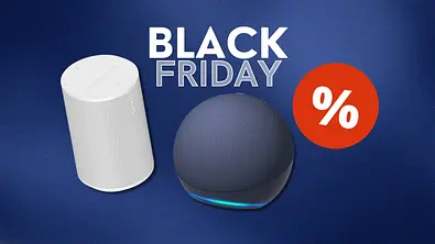 Der Sonos Era 100 und der Amazon Era 100 vor blauem Hintergrund. Darüber ein Black-Friday-Schriftzug und rechts ein Prozentzeichen. - Foto: TVM/PR