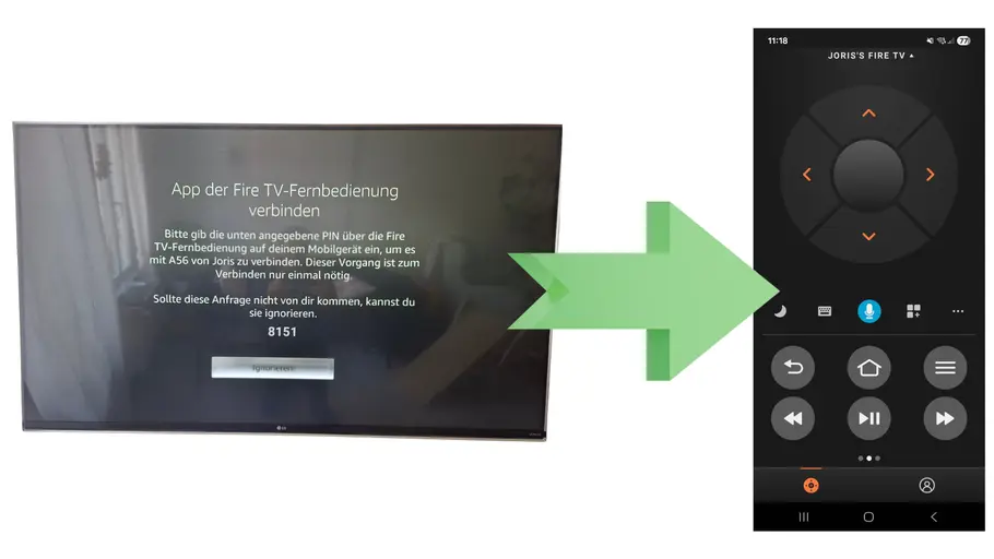 Smartphone mit Fire TV verbinden Fernseher zeigt Freischaltcode für Fire-TV-App-Einbindung an, daneben Screenshot vom Handy mit geöffneter Fire TV App