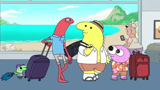 Gleb, Allan, Charlie und Pim aus „Smiling Friends“ sind an einem Flughafen in Brasilien. - Foto: Adult Swim