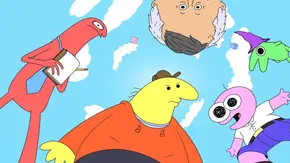 Allan, Charlie, Mr. Boss, Pim und Glep stehen im Kreis. Über ihnen ist blauer Himmel, ein paar Wolken und ein Planet. - Foto: Adult Swim Allan, Charlie, Mr. Boss, Pim und Glep stehen im Kreis. Über ihnen ist blauer Himmel, ein paar Wolken und ein Planet. - Foto: Adult Swim
