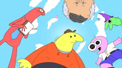 Allan, Charlie, Mr. Boss, Pim und Glep stehen im Kreis. Über ihnen ist blauer Himmel, ein paar Wolken und ein Planet.  - Foto: Adult Swim