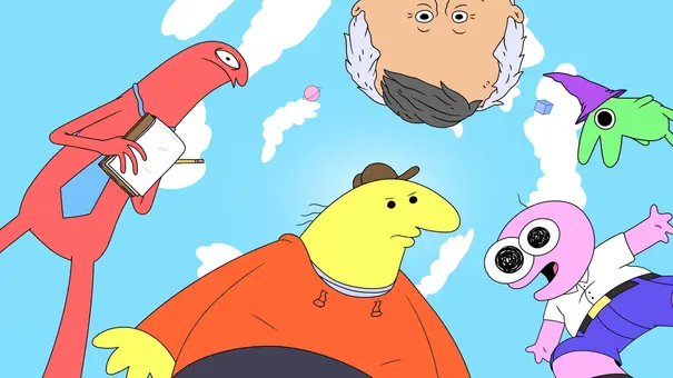 Allan, Charlie, Mr. Boss, Pim und Glep stehen im Kreis. Über ihnen ist blauer Himmel, ein paar Wolken und ein Planet. - Foto: Adult Swim Allan, Charlie, Mr. Boss, Pim und Glep stehen im Kreis. Über ihnen ist blauer Himmel, ein paar Wolken und ein Planet. - Foto: Adult Swim