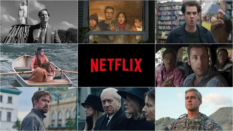 So nah und doch so fern: Wenn ein Film nur bei Netflix läuft, spricht bald niemand mehr über ihn. Netflix-Collage aus mehreren Filmfotos, in der Mitte das Netflix-Logo.