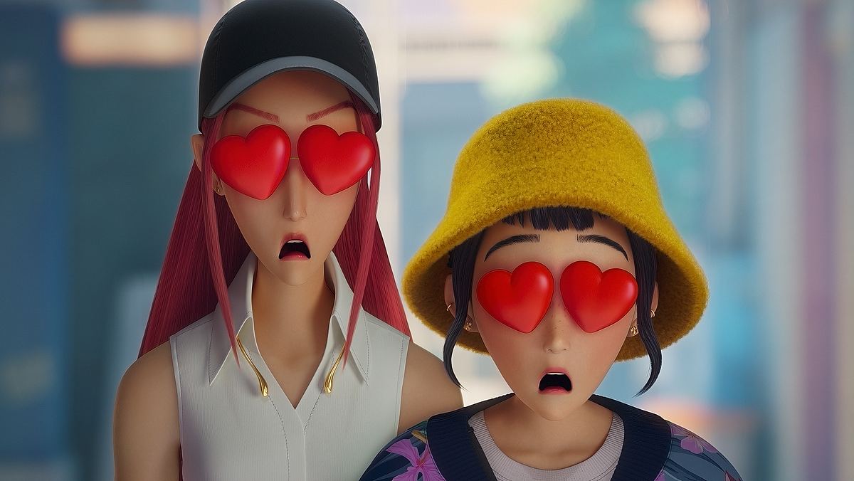 So sah die Netflix-Chefetage aus, als „KPop Demon Hunters“ alle Erwartungen übertraf. Zwei Figuren aus „KPop Demon Hunters“ mit offenen, staunenden Mündern und Herzen statt Augen.