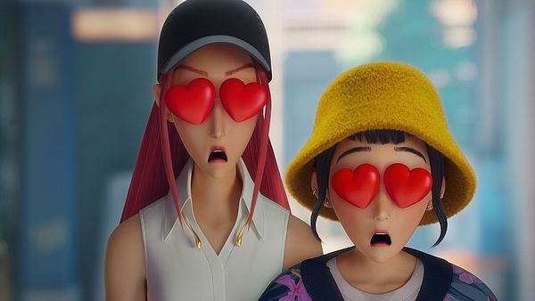 Zwei Figuren aus „KPop Demon Hunters“ mit offenen, staunenden Mündern und Herzen statt Augen. - Foto: Netflix