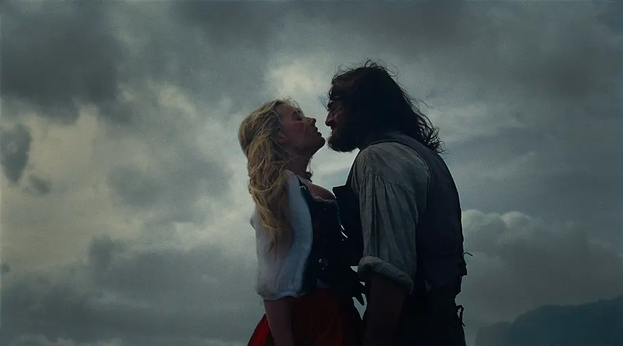 „Wuthering Heights“ Heathcliff zieht Cathy an ihrer Hüfte zu sich ran.