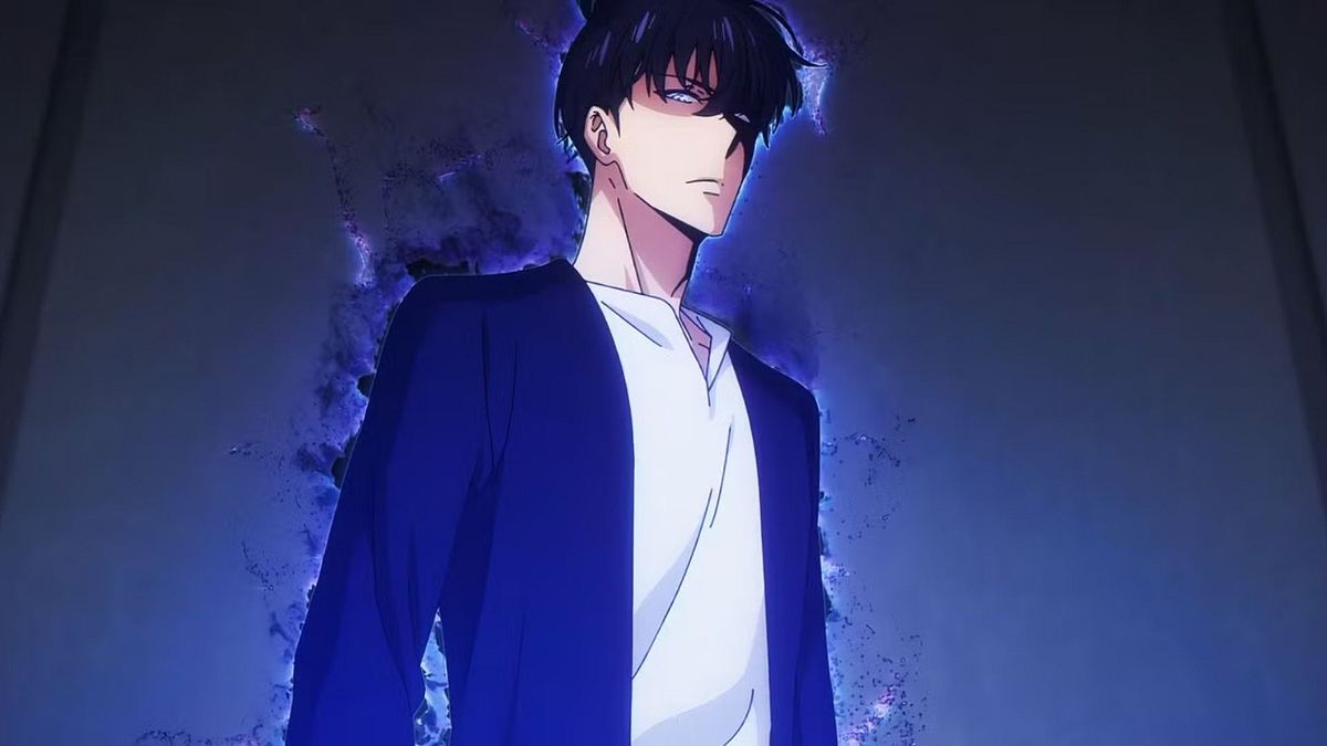 Jin-woo steht von seiner Aura umhüllt vor einer Wand. Er schaut mit einem konzentrierten, wütenden Blick nach vorne