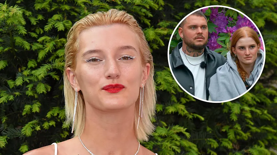 Anya Elsner, Nico Legat und Laura Porträt von Anya mit blondem Bob und rotem Lippenstift vor grüner Hecke; rechts oben ein rundes Inset mit Nico und Laura in Outdoor-Kleidung.