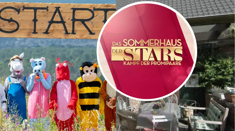 Sommerhaus der Stars Sendetermine 2026 Collage zeigt Sommerhaus-Kandidaten bei einem Spiel, darüber das Wort Start, den berühmten Außenbereich mit dem Tisch und das Logo der Sendung.