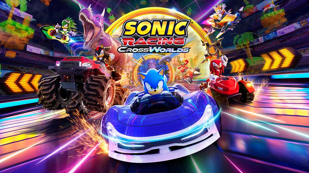 Von links nach rechts: Jet, Shadow, Sonic, Knuckles und Tails rasen über eine neonartige Rennstrecke. Im Hintergrund sieht man einen Dinosaurier.