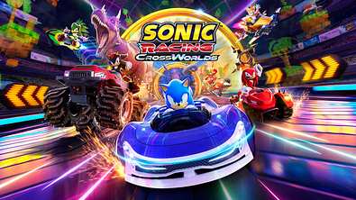 Von links nach rechts: Jet, Shadow, Sonic, Knuckles und Tails rasen über eine neonartige Rennstrecke. Im Hintergrund sieht man einen Dinosaurier. - Foto: SEGA