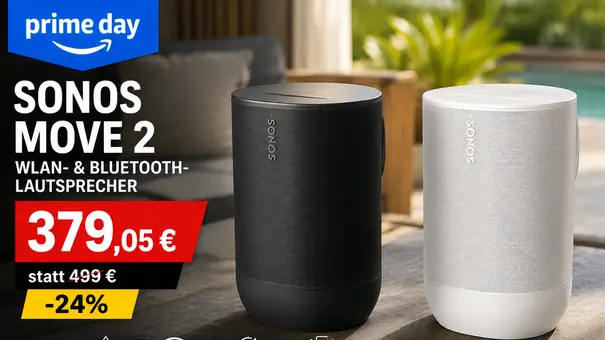 Zwei Sonos Move 2 Lautsprecher stehen auf einem Holztisch im Außenbereich. Links ist das Modell in Schwarz, rechts das Modell in Weiß zu sehen. Daneben weist eine Prime-Day-Grafik auf einen Rabatt von 24 Prozent und einen Preis von 379,05 Euro hin. - Foto: ChatGPT / TV Movie / Sonos Zwei Sonos Move 2 Lautsprecher stehen auf einem Holztisch im Außenbereich. Links ist das Modell in Schwarz, rechts das Modell in Weiß zu sehen. Daneben weist eine Prime-Day-Grafik auf einen Rabatt von 24 Prozent und einen Preis von 379,05 Euro hin. - Foto: ChatGPT / TV Movie / Sonos