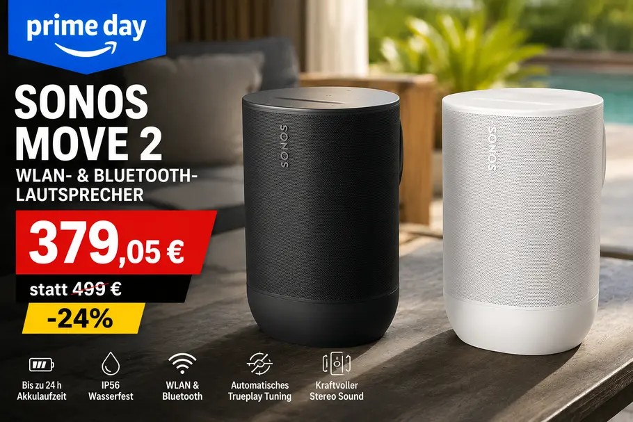 sonos-move2-schwarz-weiss-tvmovie-prime-day-amazon-deal Zwei Sonos Move 2 Lautsprecher stehen auf einem Holztisch im Außenbereich. Links ist das Modell in Schwarz, rechts das Modell in Weiß zu sehen. Daneben weist eine Prime-Day-Grafik auf einen Rabatt von 24 Prozent und einen Preis von 379,05 Euro hin.
