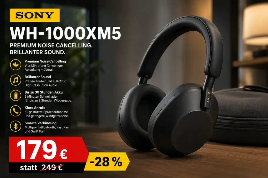 sony-wh1000xm5-amazon-deal-tvmovie Ein schwarzer Sony WH-1000XM5 Over-Ear-Kopfhörer steht auf einem Holztisch neben dem mitgelieferten Softcase. Links im Bild sind Produktname, Angebotspreis von 179 Euro sowie ein Rabatt von 28 Prozent eingeblendet.