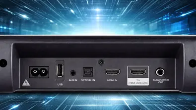 Die Rückseite einer Soundbar und ihrer Anschlüsse. - Foto: TVM/ChatGPT/Denon