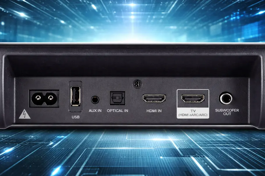 soundbar anschlüsse Die Rückseite einer Soundbar und ihrer Anschlüsse.