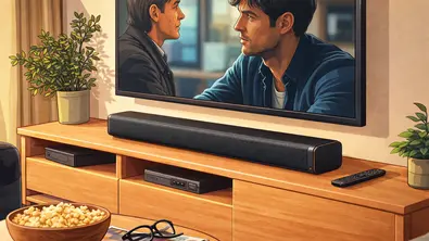 Eine Soundbar steht auf einem Holz-TV-Board unter einem Fernseher, auf dem zwei Männer im Gespräch zu sehen sind. Auf dem Tisch davor stehen eine Schüssel mit Popcorn, - Foto: tvmovie/chatgpt